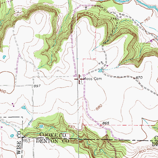 Topographic Map of Moss Cemetery, TX