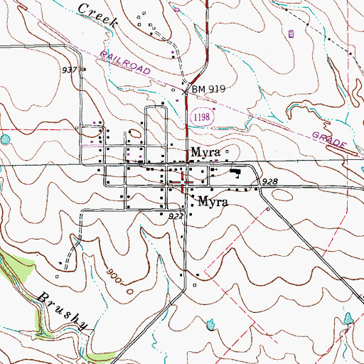 Topographic Map of Myra, TX