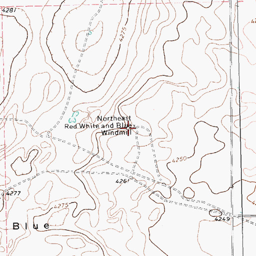 Topographic Map of Northeast Red White and Blue Windmill, TX