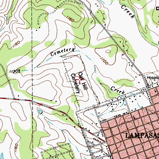 Topographic Map of Oak Hill Cemetery, TX