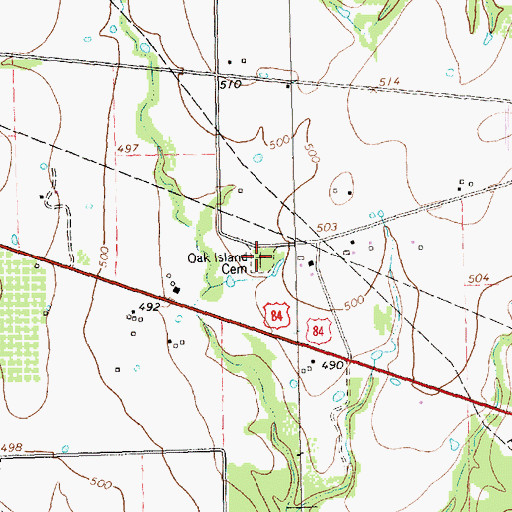 Topographic Map of Oak Island Cemetery, TX