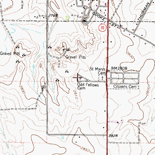 Topographic Map of Odd Fellows Cemetery, TX