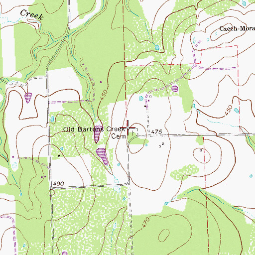 Topographic Map of Old Bartons Creek Cemetery, TX