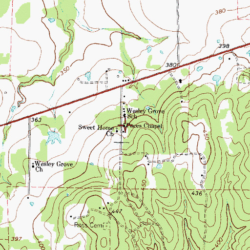 Topographic Map of Paces Chapel, TX