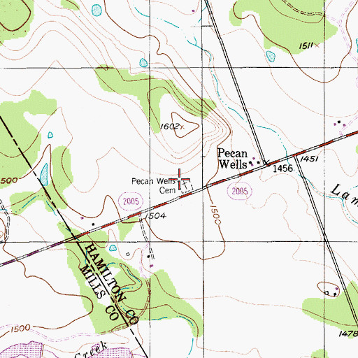 Topographic Map of Pecan Wells Cemetery, TX