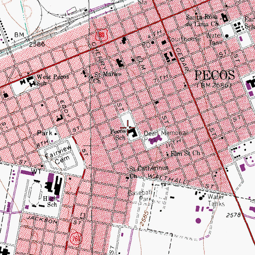 Topographic Map of Pecos School, TX