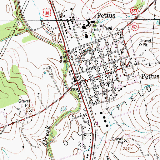 Topographic Map of Pettus, TX