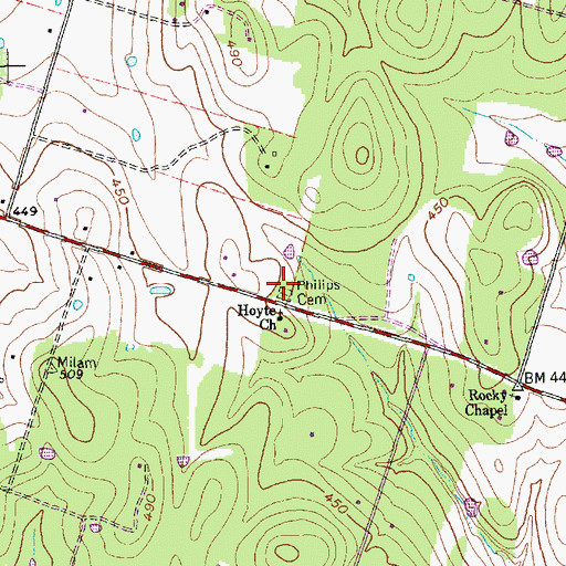 Topographic Map of Philips Cemetery, TX