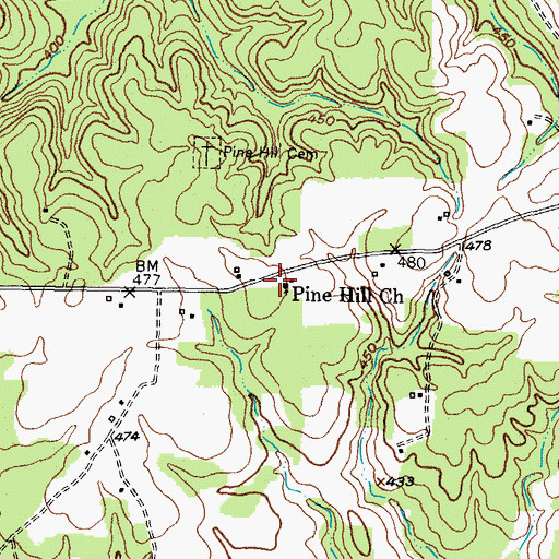 Topographic Map of Pine Hill Church, TX