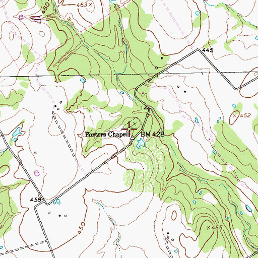 Topographic Map of Porters Chapel, TX