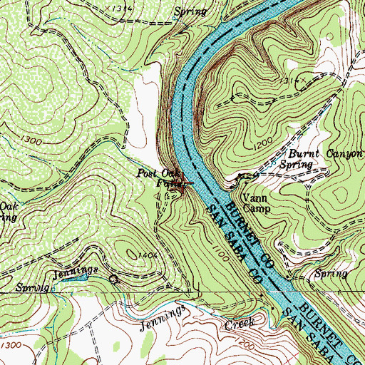 Topographic Map of Post Oak Falls, TX