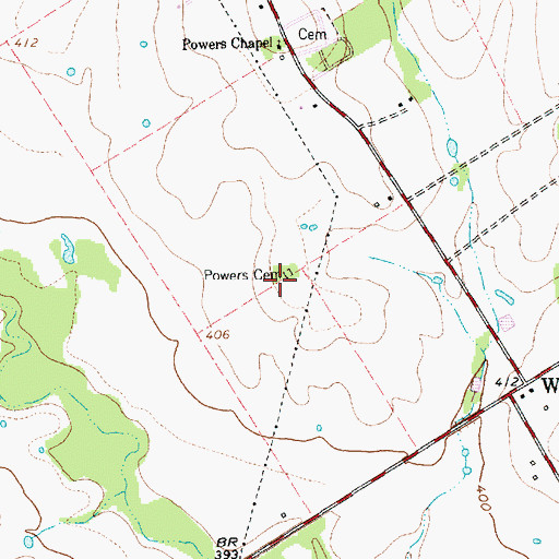 Topographic Map of Powers Cemetery, TX