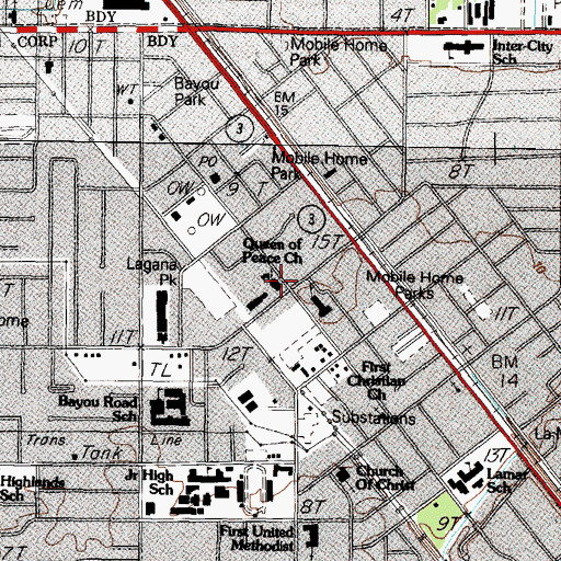 Topographic Map of Queen of Peace Church, TX