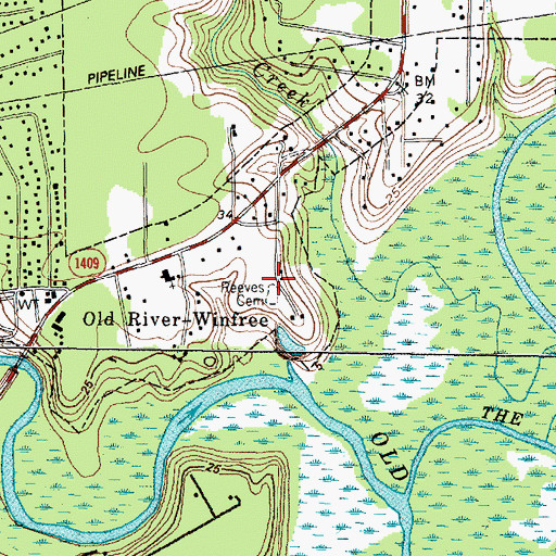 Topographic Map of Reeves Cemetery, TX