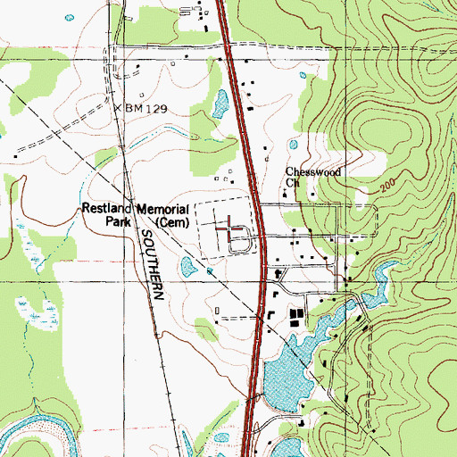 Topographic Map of Restland Memorial Cemetery, TX