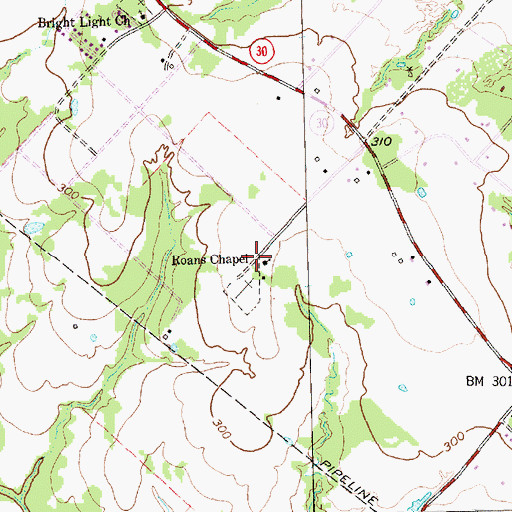 Topographic Map of Roans Chapel, TX