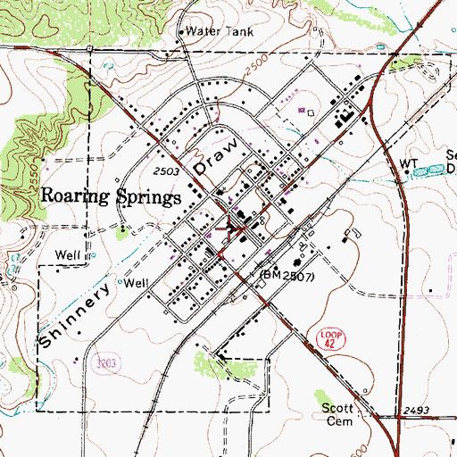 Topographic Map of Roaring Springs, TX