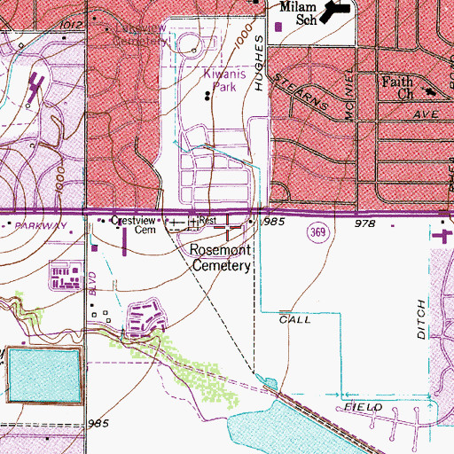 Topographic Map of Rosemont Cemetery, TX