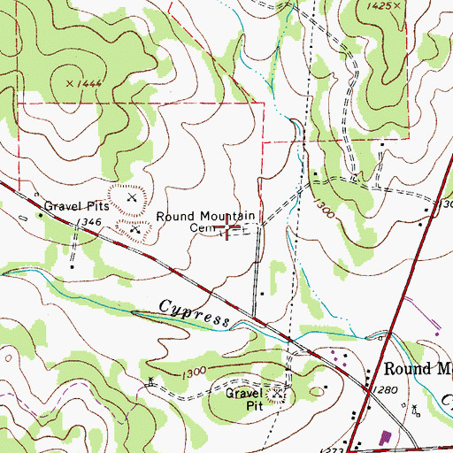 Topographic Map of Round Mountain Cemetery, TX