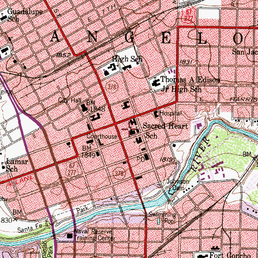 Topographic Map of Sacred Heart School, TX