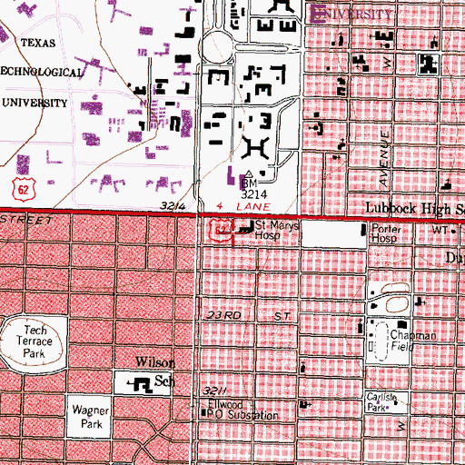 Topographic Map of Saint Marys Hospital, TX