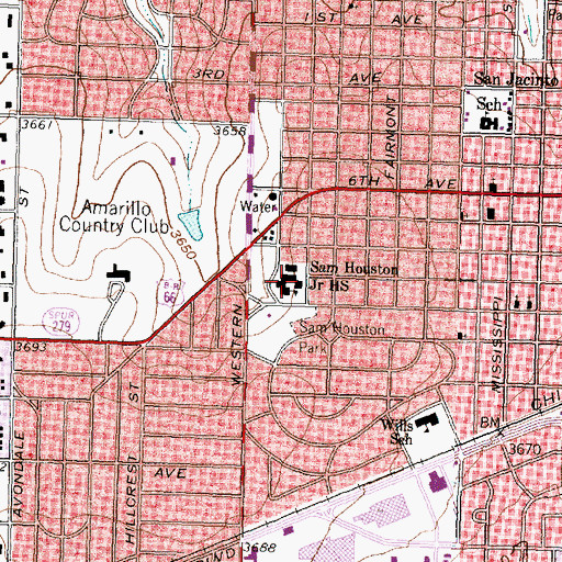 Topographic Map of Sam Houston Junior High School, TX
