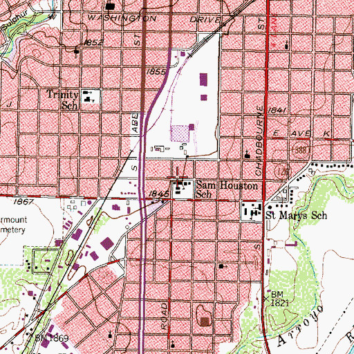 Topographic Map of Sam Houston School, TX