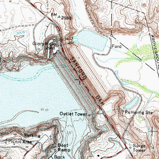 Topographic Map of Sanford Dam, TX