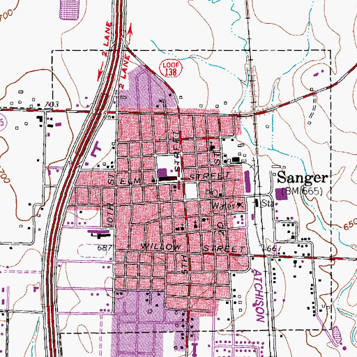 Topographic Map of Sanger, TX