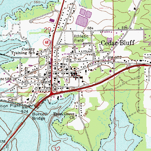 Topographic Map of Cedar Bluff High School, AL