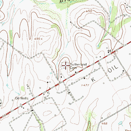 Topographic Map of Sutherland Cemetery, TX
