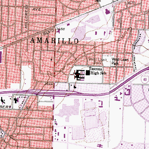 Topographic Map of Tascosa High School, TX