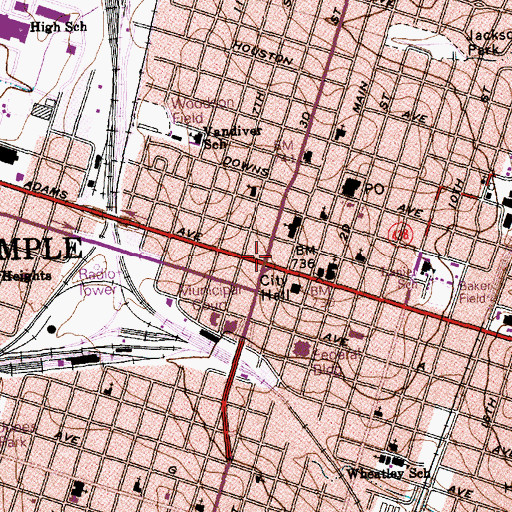 Topographic Map of Temple, TX