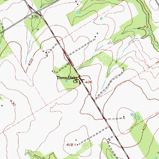 Topographic Map of Three Oaks Church, TX