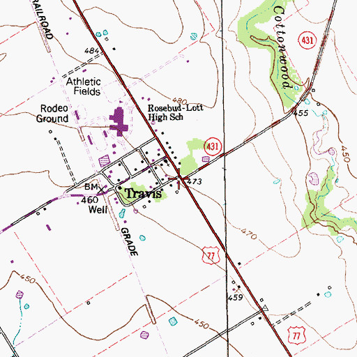 Topographic Map of Travis, TX