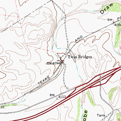 Topographic Map of Twin Bridges, TX