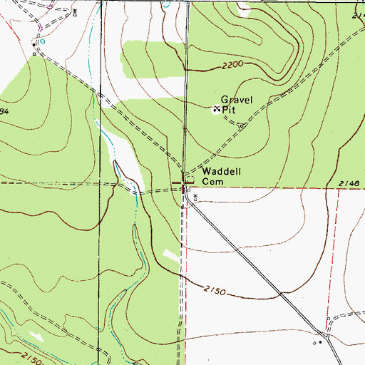 Topographic Map of Waddell Cemetery, TX