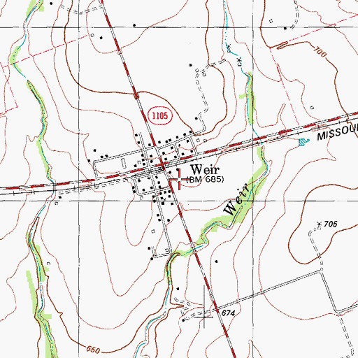 Topographic Map of Weir, TX