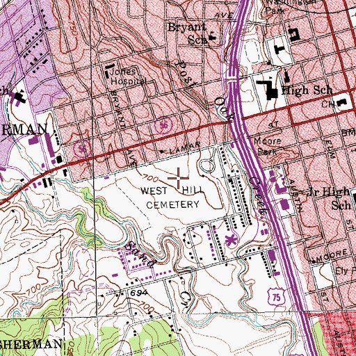 Topographic Map of West Hill Cemetery, TX