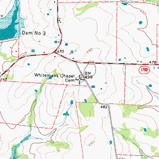 Topographic Map of Whitemans Chapel Cemetery, TX