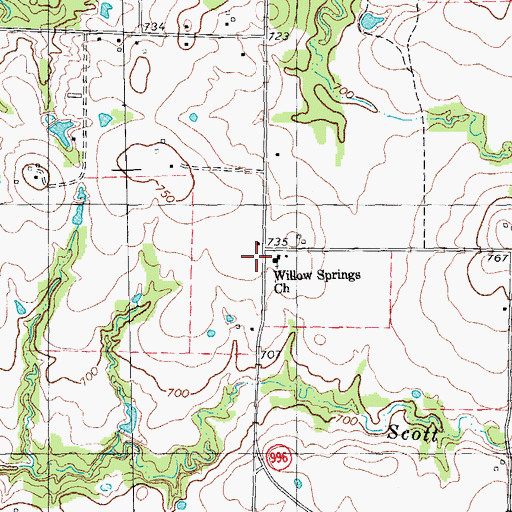 Topographic Map of Willow Springs Church, TX