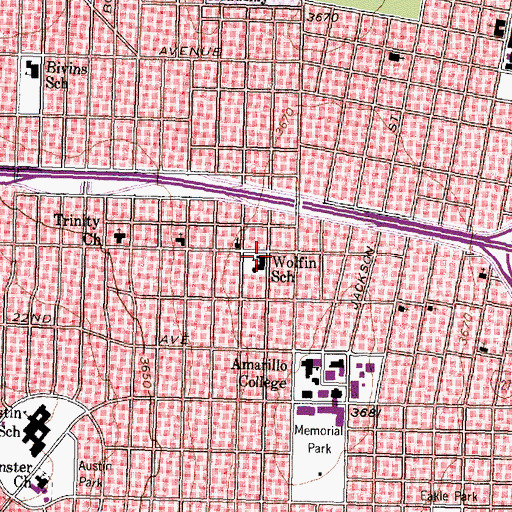 Topographic Map of Wolfin School, TX