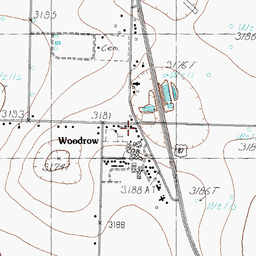 Topographic Map of Woodrow, TX