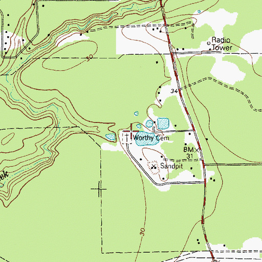 Topographic Map of Worthy Cemetery, TX