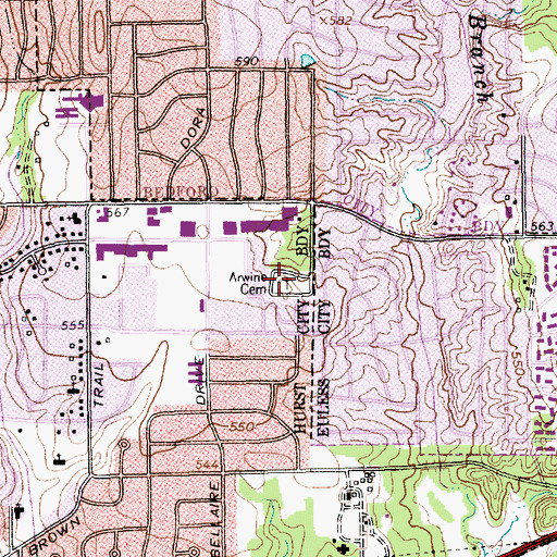 Topographic Map of Arwine Cemetery, TX