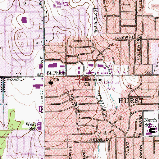 Topographic Map of Bellevue Church, TX