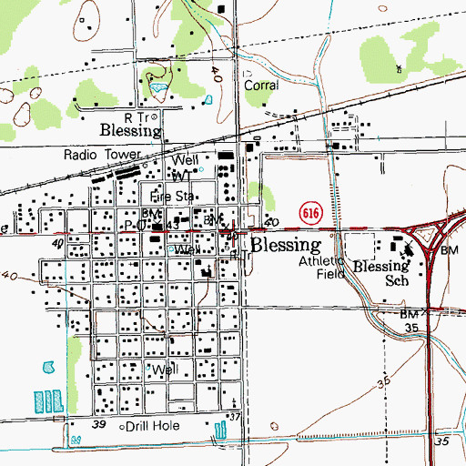 Topographic Map of Blessing, TX