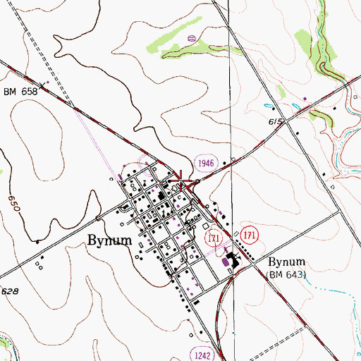 Topographic Map of Bynum, TX