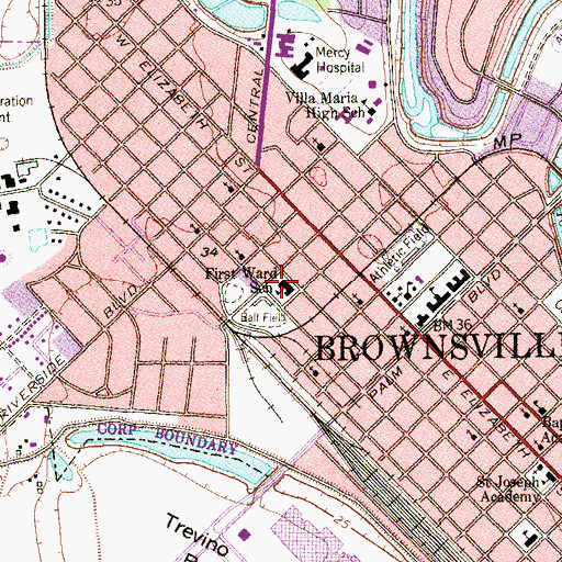 Topographic Map of First Ward School, TX