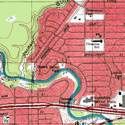 Topographic Map of Greens Bayou Park, TX